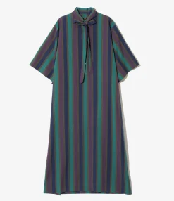 Ascot Collar Dress - Green - Cotton Lawn Stripe