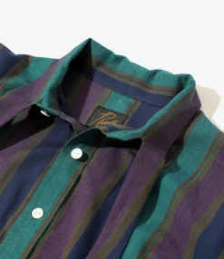 Ascot Collar Dress -  Green - Cotton Lawn Stripe
