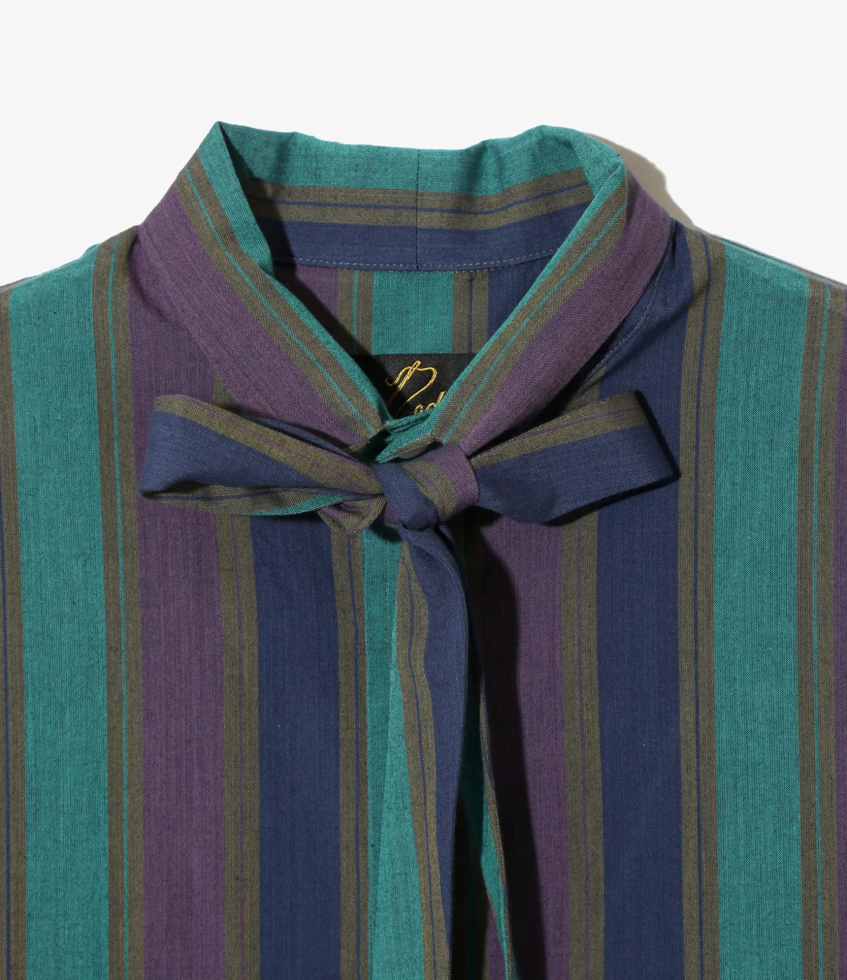 Ascot Collar Dress - Green - Cotton Lawn Stripe