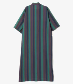 Ascot Collar Dress - Green - Cotton Lawn Stripe