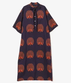 Ascot Collar Dress - Peacock - Printed Cotton Lawn