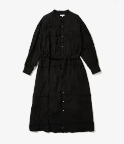 Banded Collar Dress - Black Cotton Fringe Patchwork