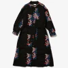 Banded Collar Dress - Black Cotton Floral Embroidery Sheeting