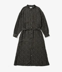 Banded Collar Dress - Black Poly Leopard Satin