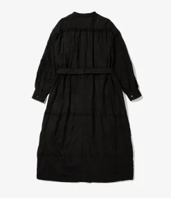 Banded Collar Dress - Black Cotton Fringe Patchwork