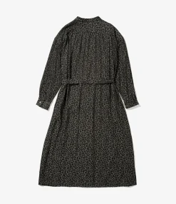 Banded Collar Dress - Black Poly Leopard Satin