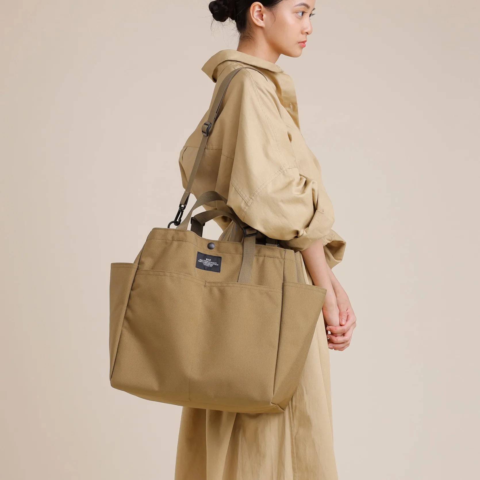 Carry-all Beach Bag - Canvas Nylon - Khaki (black pocket)