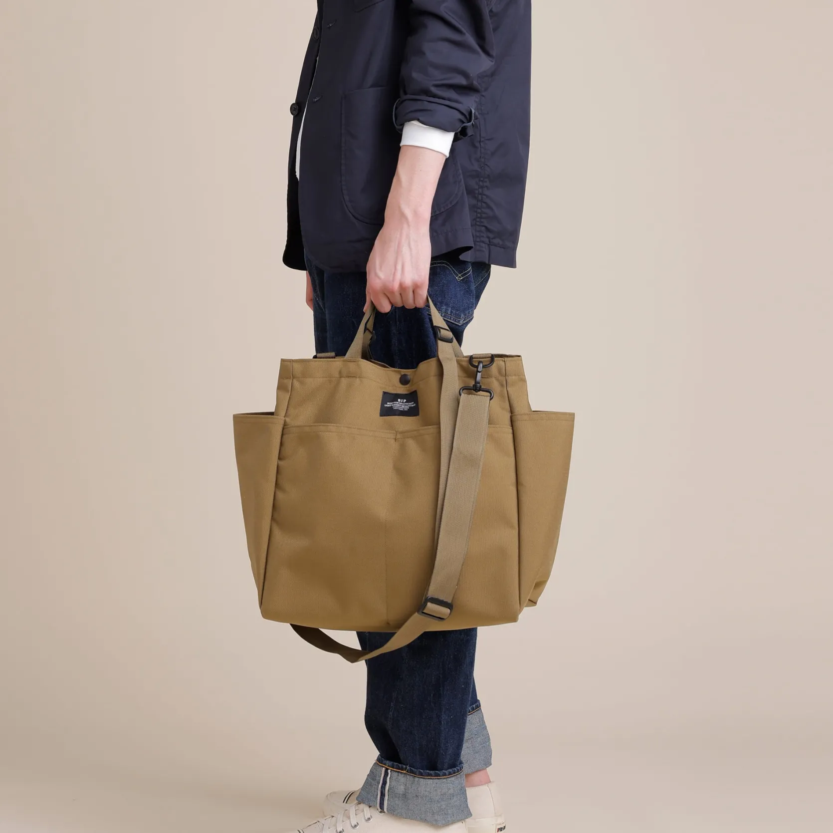Carry-all Beach Bag - Canvas Nylon - Khaki (black pocket)