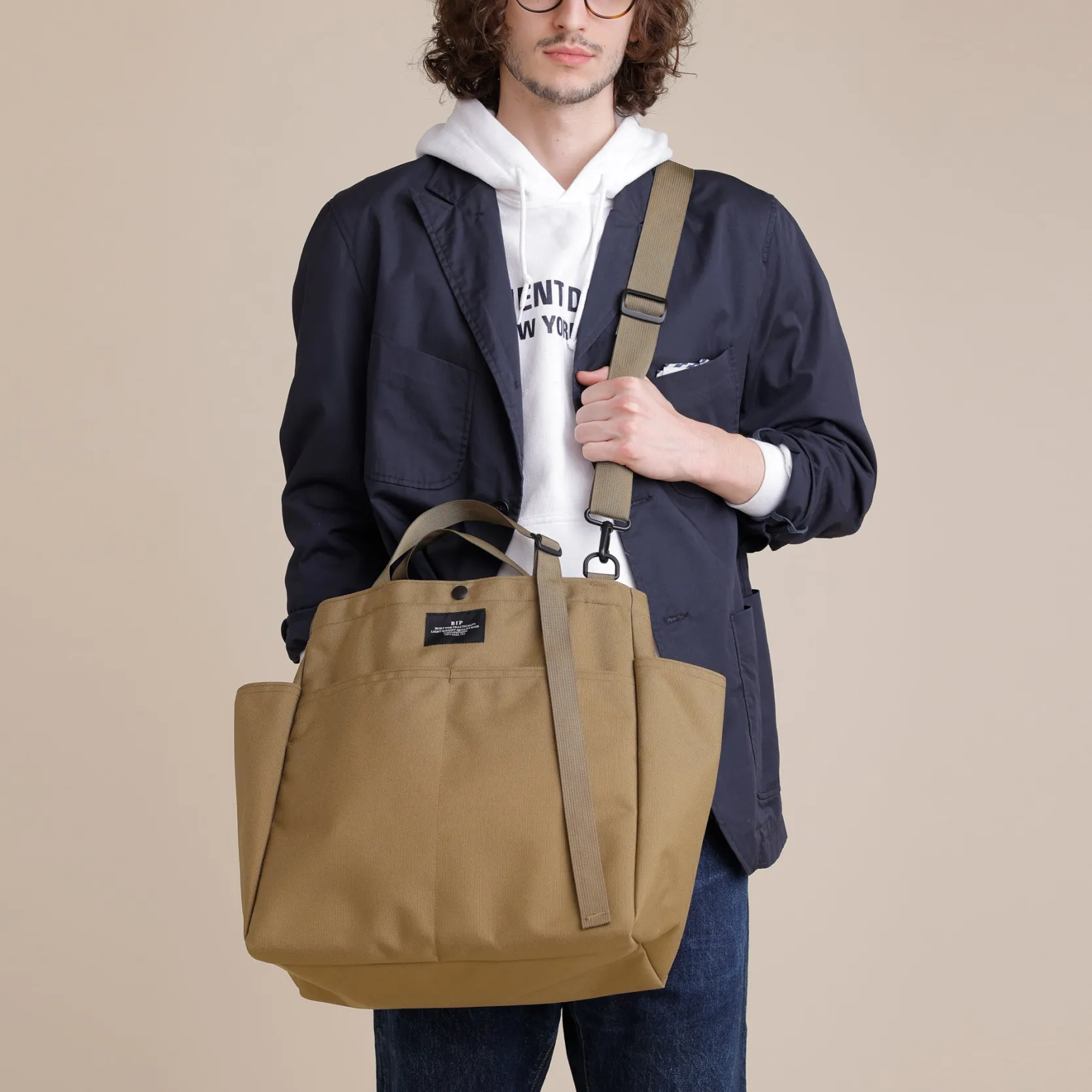 Carry-all Beach Bag - Canvas Nylon - Khaki (black pocket)