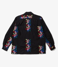 Classic Shirt - Black Cotton Floral Embroidery Sheeting