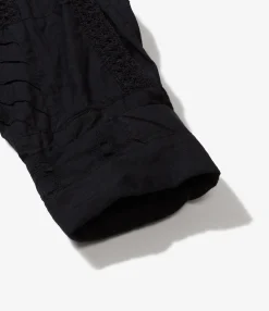 Combo Short Collar Shirt - Black Cotton Fringe Patchwork