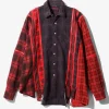 Flannel Shirt -> 7 Cuts Zipped Wide Shirt - Red / Over Dye