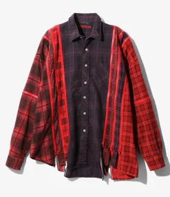 Flannel Shirt -> 7 Cuts Zipped Wide Shirt - Red / Over Dye