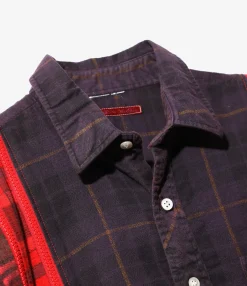 Flannel Shirt -> 7 Cuts Zipped Wide Shirt - Red / Over Dye