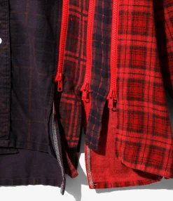 Flannel Shirt -> 7 Cuts Zipped Wide Shirt - Red / Over Dye