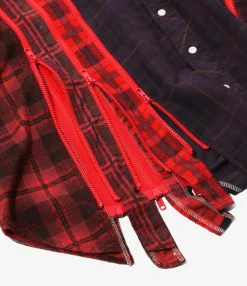 Flannel Shirt -> 7 Cuts Zipped Wide Shirt - Red / Over Dye