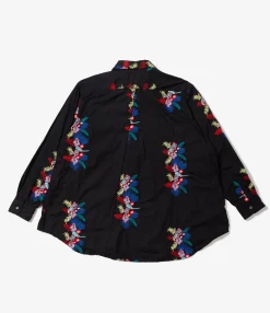 Flared Shirt - Black Cotton Floral Embroidery Sheeting