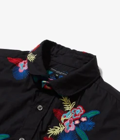 Flared Shirt - Black Cotton Floral Embroidery Sheeting