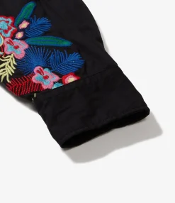 Flared Shirt - Black Cotton Floral Embroidery Sheeting