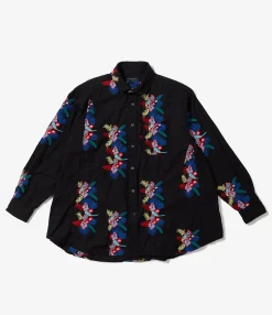 Flared Shirt - Black Cotton Floral Embroidery Sheeting