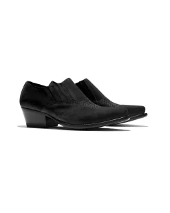 Heeled Papillon Stitched Cowboy Shoe - Black Suede