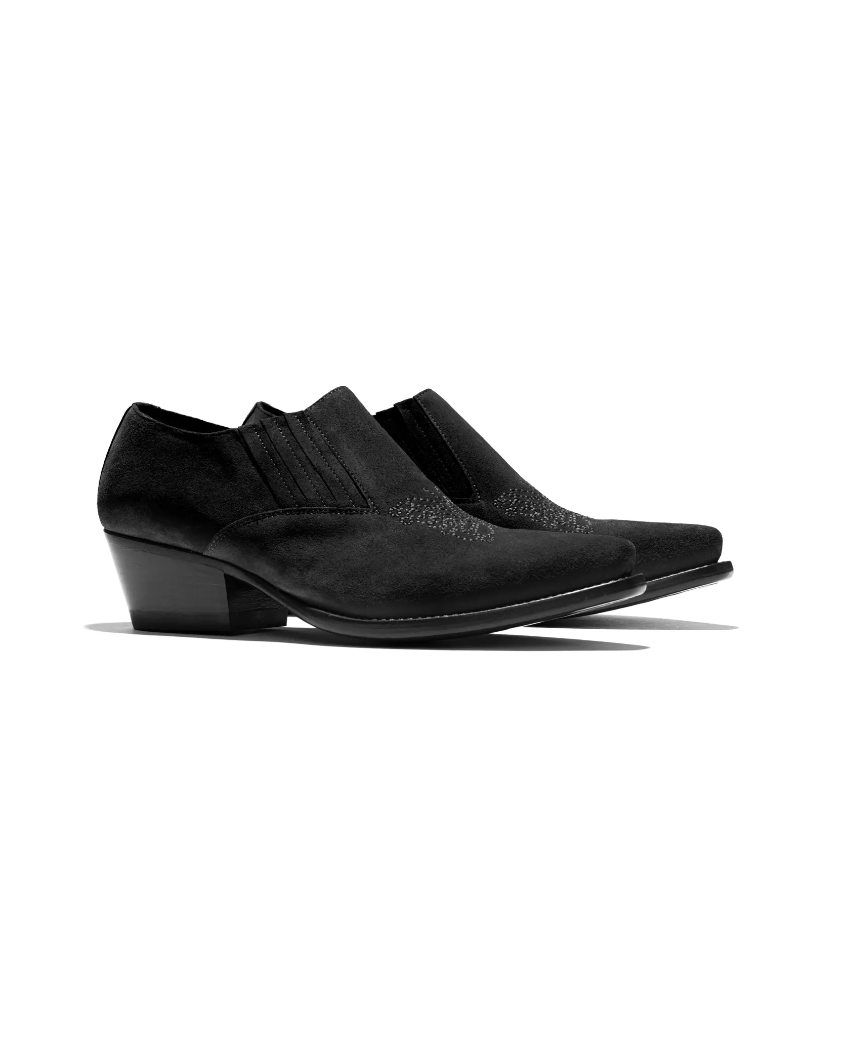 Heeled Papillon Stitched Cowboy Shoe - Black Suede
