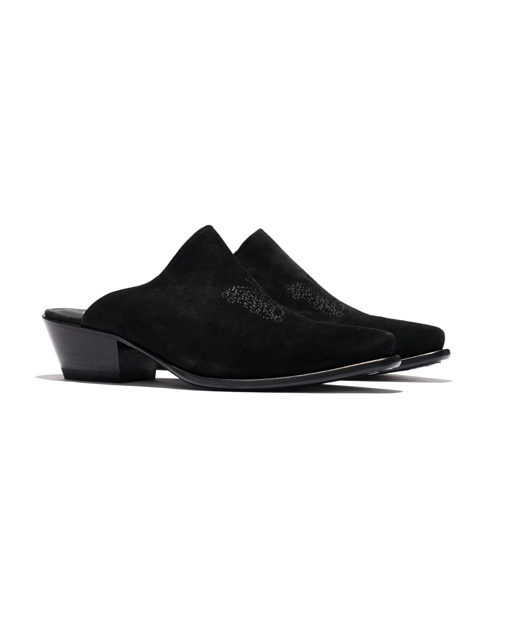Heeled Papillon Stitched Mule - Black Suede