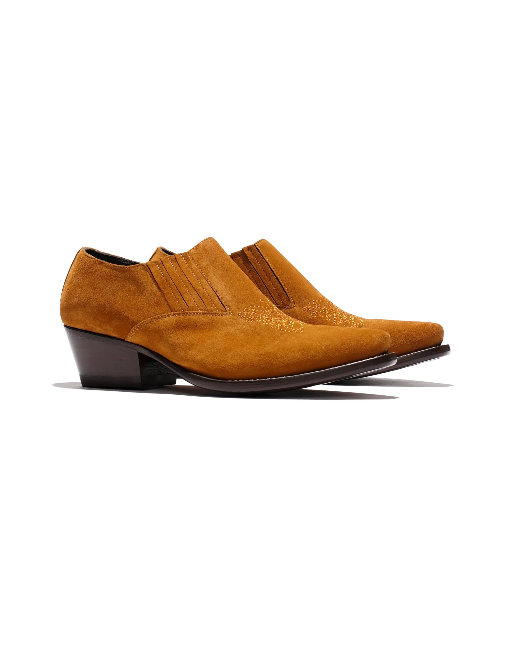 Heeled Papillon Stitched Cowboy Shoe - Brown Suede