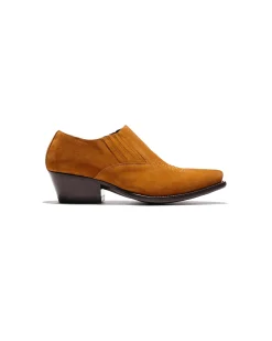 Heeled Papillon Stitched Cowboy Shoe - Brown Suede