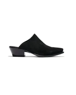 Heeled Papillon Stitched Mule - Black Suede