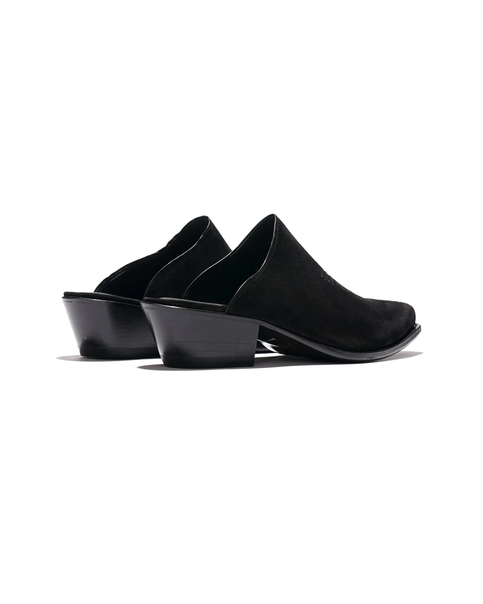 Heeled Papillon Stitched Mule - Black Suede