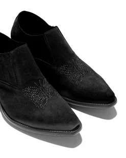 Heeled Papillon Stitched Cowboy Shoe - Black Suede