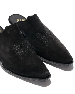 Heeled Papillon Stitched Mule - Black Suede