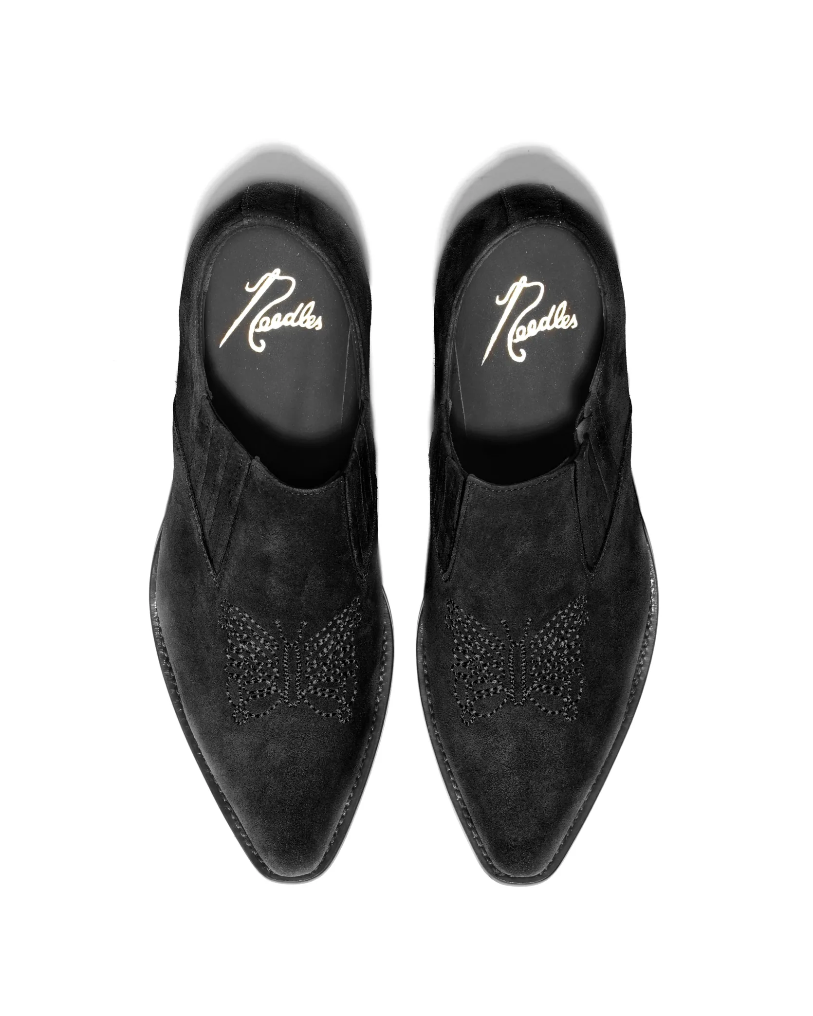 Heeled Papillon Stitched Cowboy Shoe - Black Suede
