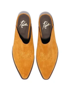 Heeled Papillon Stitched Mule - Brown Suede