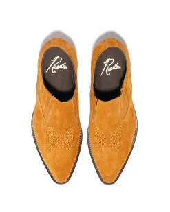 Heeled Papillon Stitched Cowboy Shoe - Brown Suede