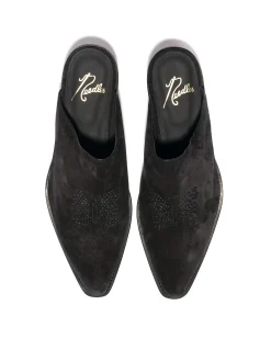 Heeled Papillon Stitched Mule - Black Suede