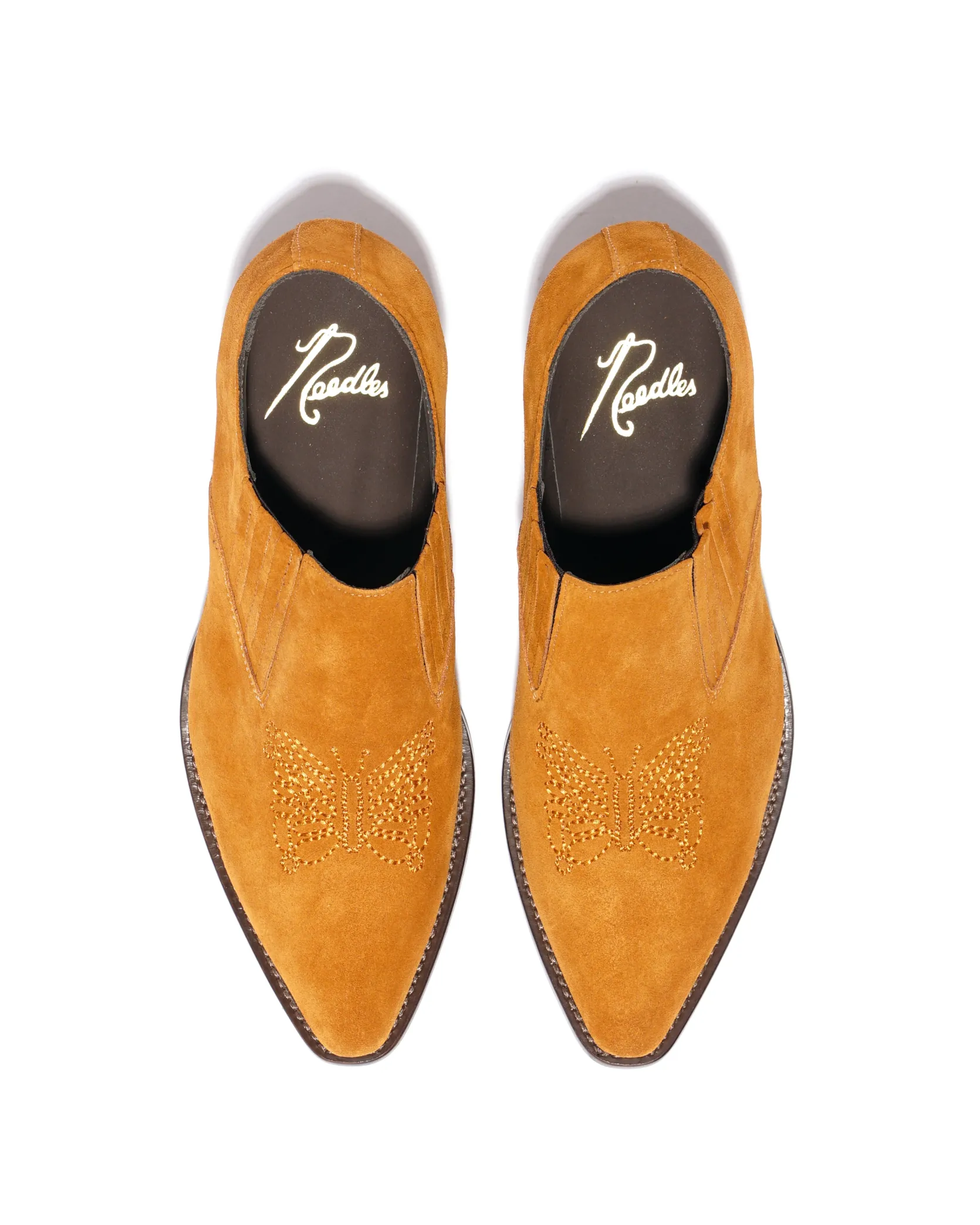 Heeled Papillon Stitched Cowboy Shoe - Brown Suede
