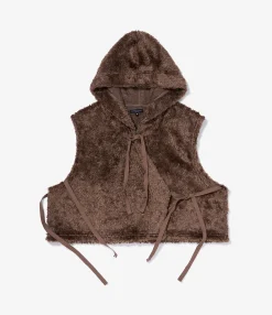 Hooded Knit Vest - Brown Acrylic Curly Fur
