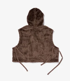 Hooded Knit Vest - Brown Acrylic Curly Fur
