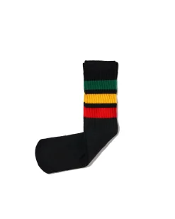 14 Inch Kids Socks - Black w/Green/Gold/Red Stripe