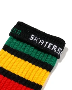 14 Inch Kids Socks - Black w/Green/Gold/Red Stripe