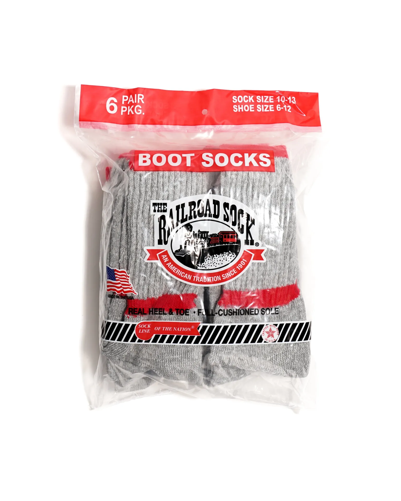 6 Pack Crew Boot Sock - Grey w/ Red Stripe