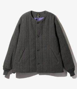 Quilted Crew Neck Jacket - Charcoal - Wool Windowpane