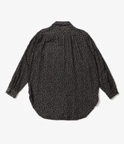 Rounded Collar Shirt - Black Poly Leopard Satin