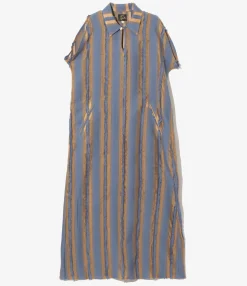 Sleeveless Dress - Beige/Blue - Stripe Cut Jacquard