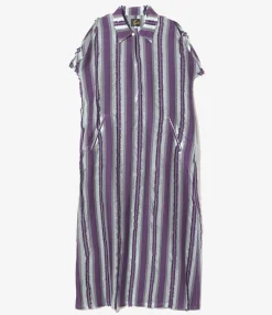 Sleeveless Dress - Sax/Purple - Stripe Cut Jacquard