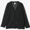 S.S. V Neck Cardigan - Black - Knit Mesh