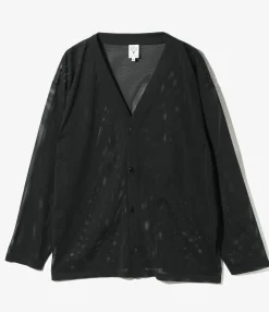 S.S. V Neck Cardigan - Black - Knit Mesh