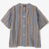 S/S V-Neck Shirt - Beige/Blue - Stripe Cut Jacquard
